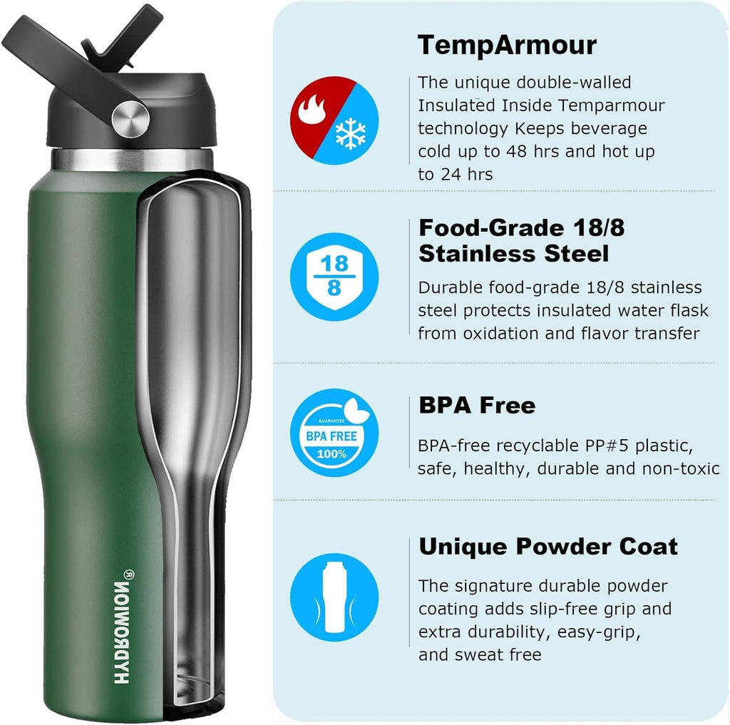 40 oz Insulated Water Bottle with Straw fit in Car Cup Holder(Cold 48 hrs, Hot 24 hrs) Drinking Bottle with Straw