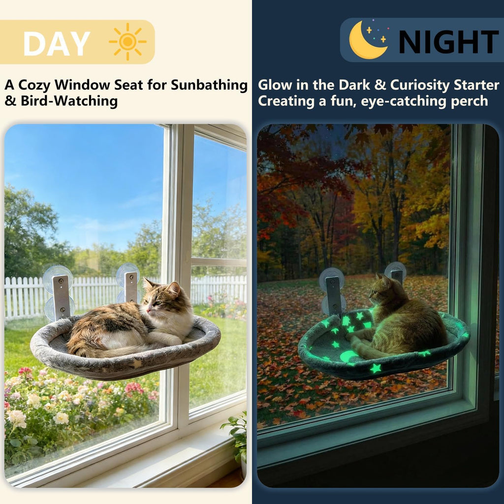 Cat Window Perch Hammock - Glow in the Dark Cordless Foldable Pet Bed with Sturdy Metal Frame & Strong Suction Cups
