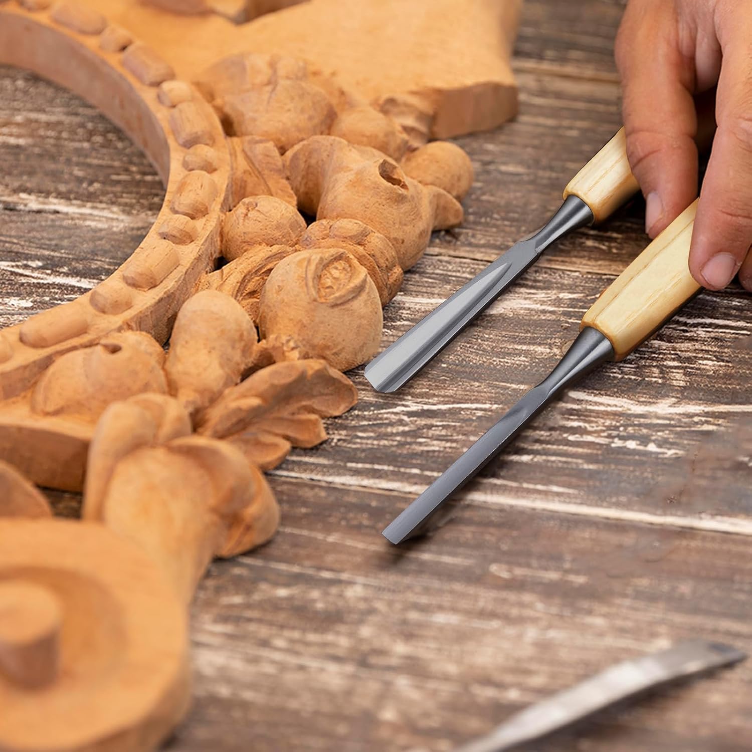 12 Pcs Wooden Carving Chisel Set with a Leather Pouch | Long Handle Woodworking Tools Set, Full Size Knife Gouge Kit