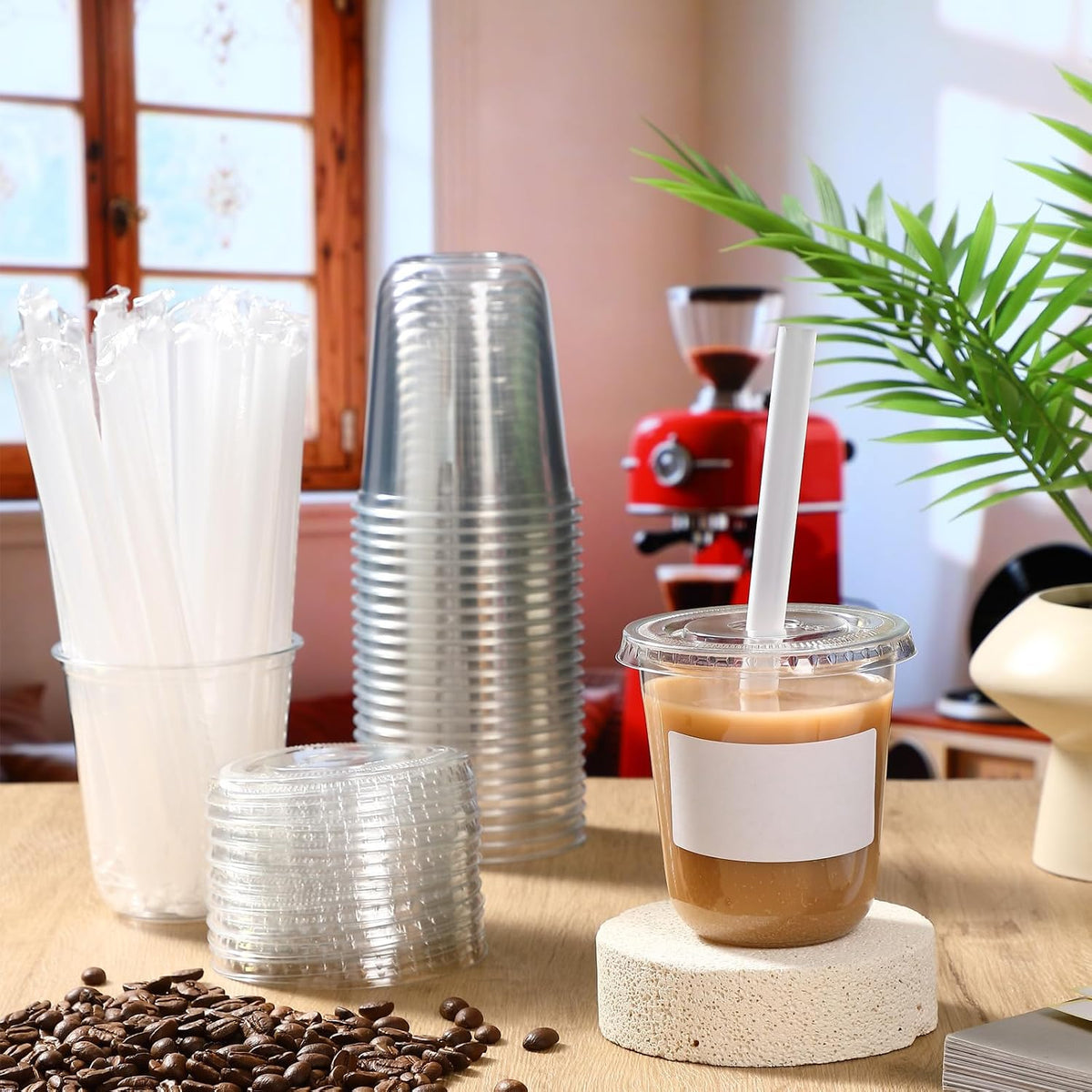 25 Sets Clear Plastic Cups with Lids, Straws and Stickers,14 oz