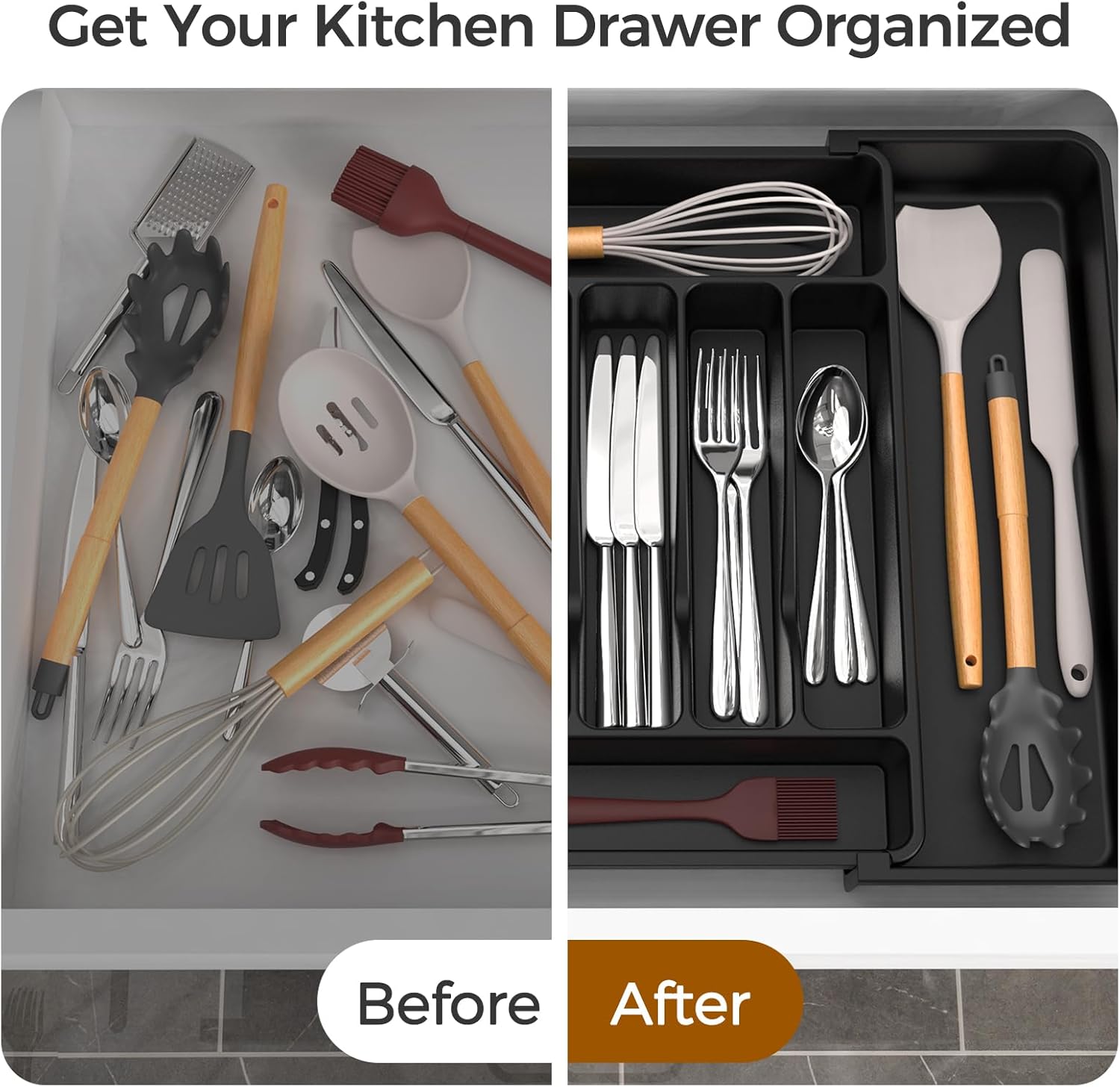 Extra Large Expandable Silverware Organizer, BPA-Free Food-Safe Cutlery Flatware Organizer, Kitchen Utensil Drawer