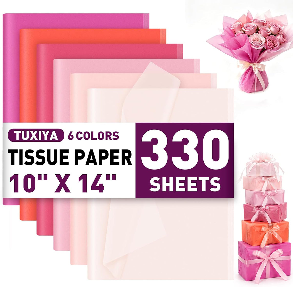 330 Pcs Pink Tissue Paper,6-Color 14"X10" Tissue Paper Bulk