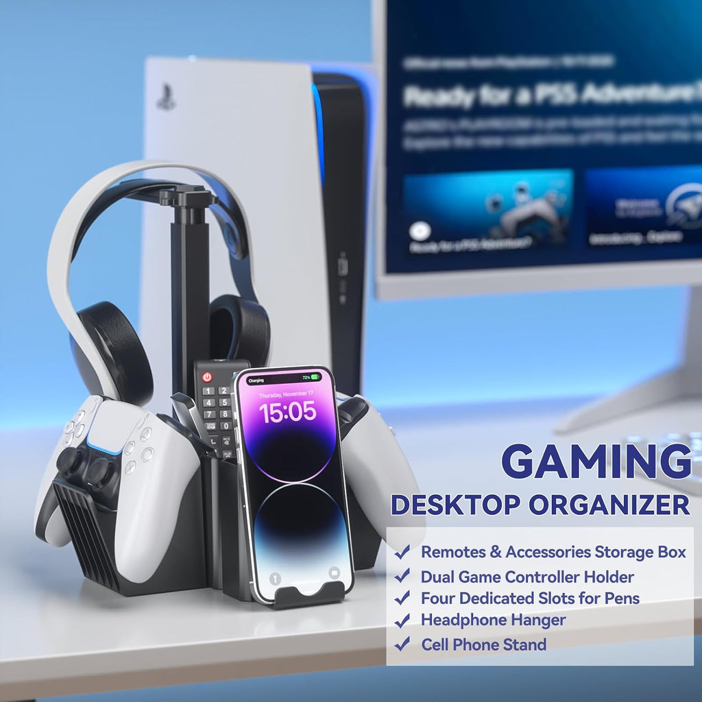 Dual Controller Holder with Headphone Stand - Multi-Functional Desk Storage Box with Phone Holder - Universal