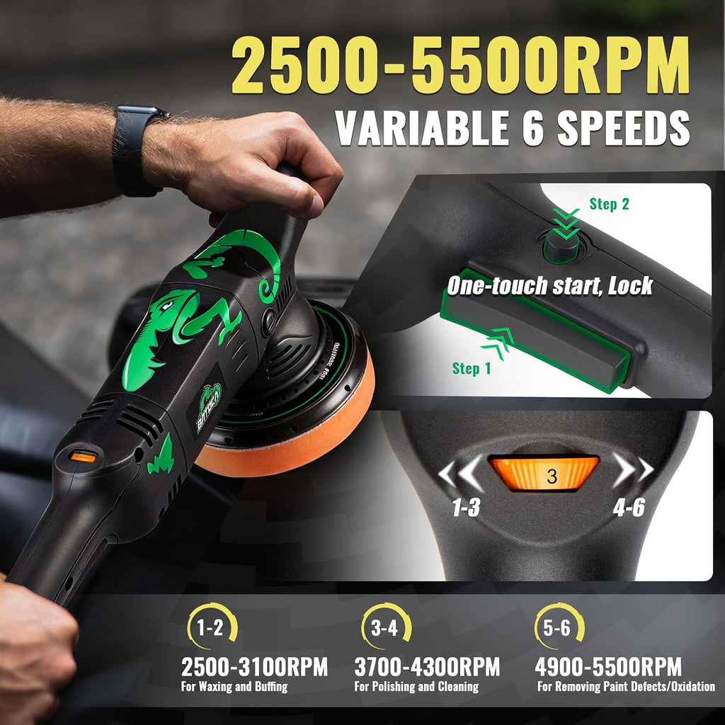 Dual Action Polisher Random Orbital Car Buffer 1100W | Automotive Paint Buffer Kit, 6 Variable Speeds DA Buffing Kits