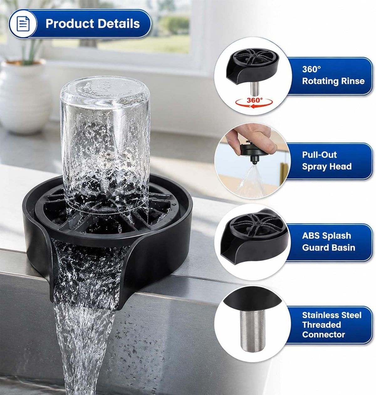 Glass Rinser Sink 360 Rotating Cup Bottle Washer (Black)