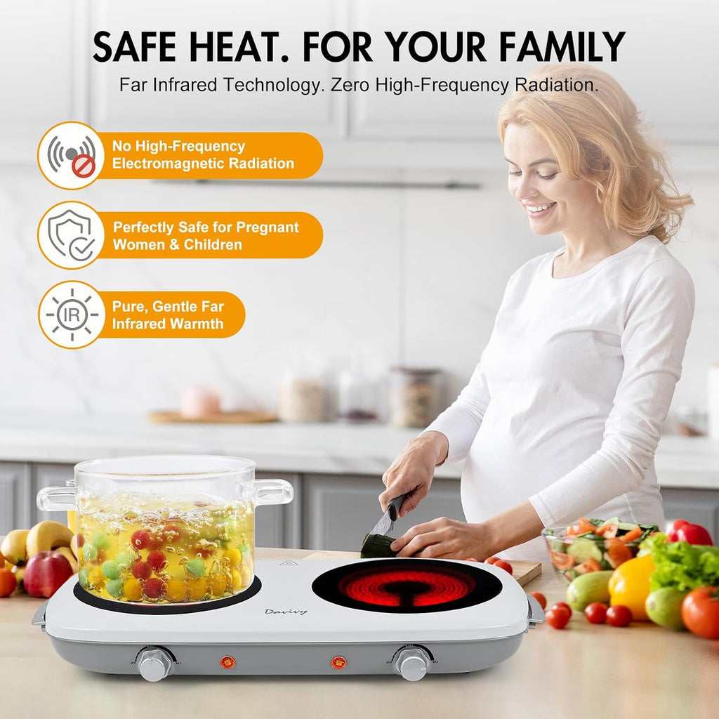 Double Burner Hot Plate Electric, 1800W Portable Electric Cooktop Burner with 7.9 Inch Crystallite Ceramic Glass