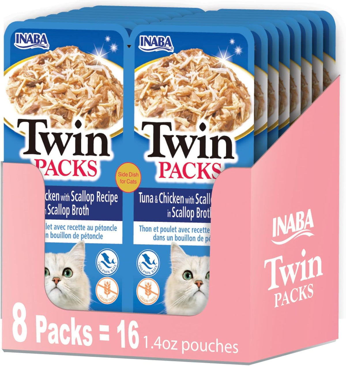 Twin Packs for Cats, Side Dish/Topper Pouch, 1.4 Ounces per Serving, 16 Servings, Tuna & Chicken with Scallop Recipe