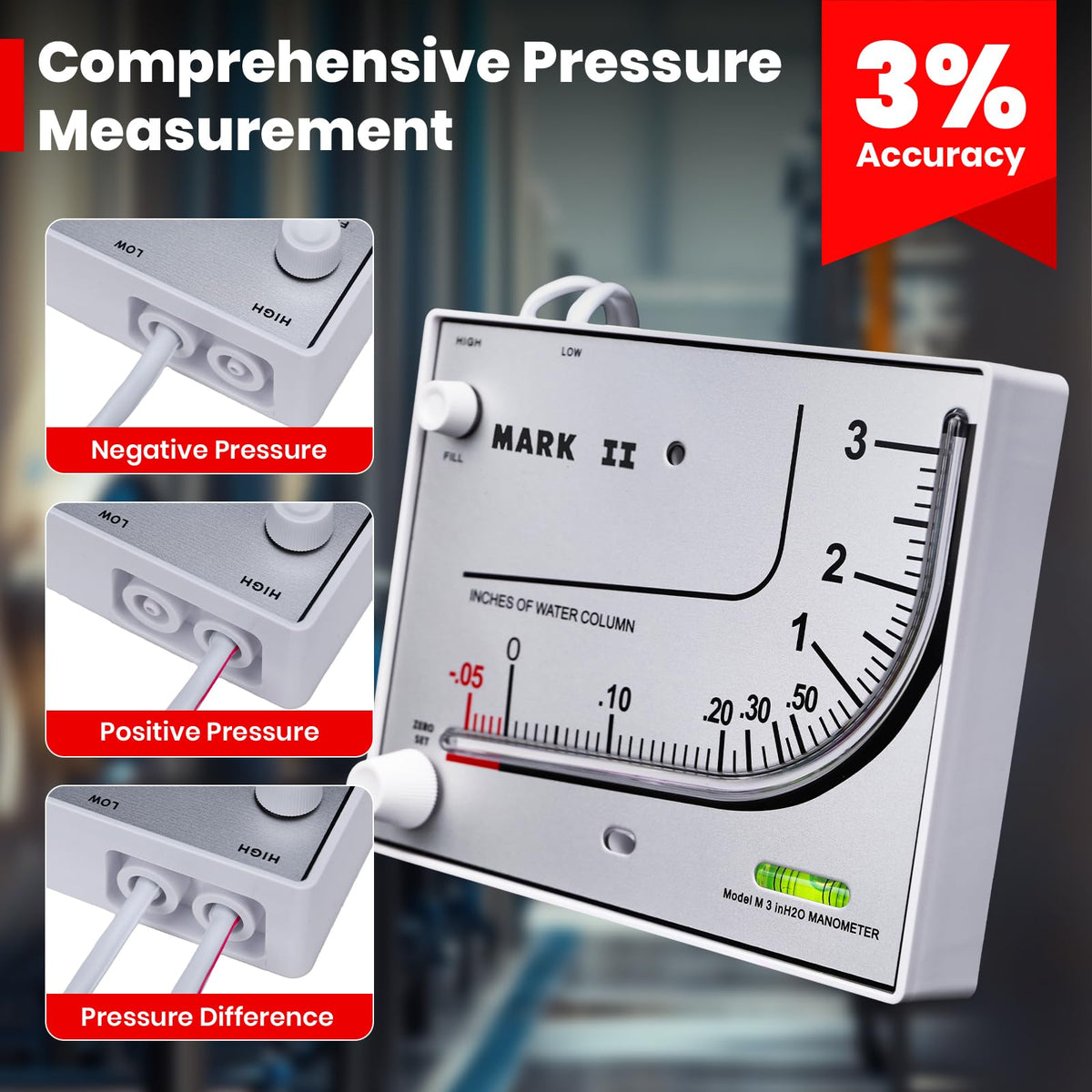 Mark II 25 Liquid Filled Manometer, 0-3" w.c., Accuracy 3% Full-Scale