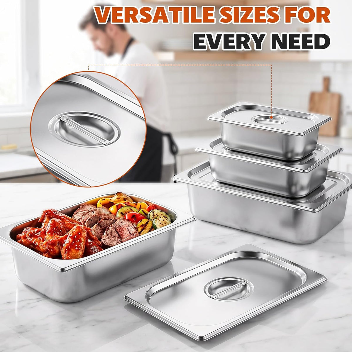 4 Set 1/3 Size Hotel Pan with Lids, 4 Inch Deep Stainless Steel