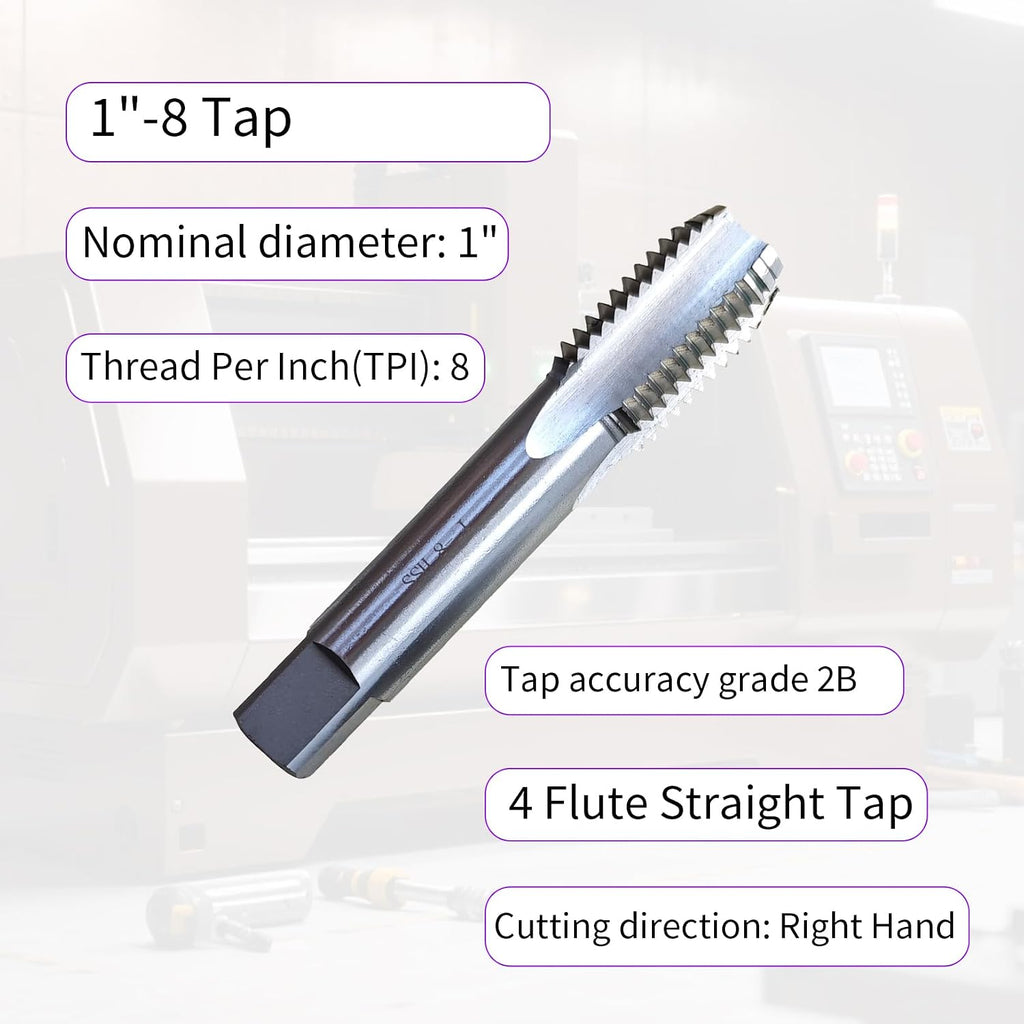 1"-8 Tap and Die Set, UNC, Right Hand, Grade 2B 2A, 4 Flute Straight Tap