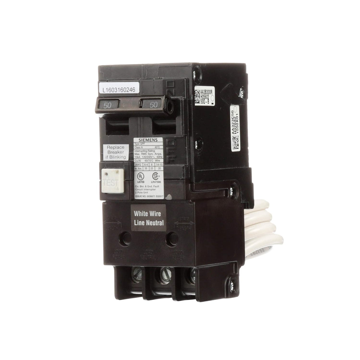 Siemens QF250A Breaker Ground Fault Circuit Interrupter, 50 Amp, 2 Pole, 240 Volt, 10,000 AIC