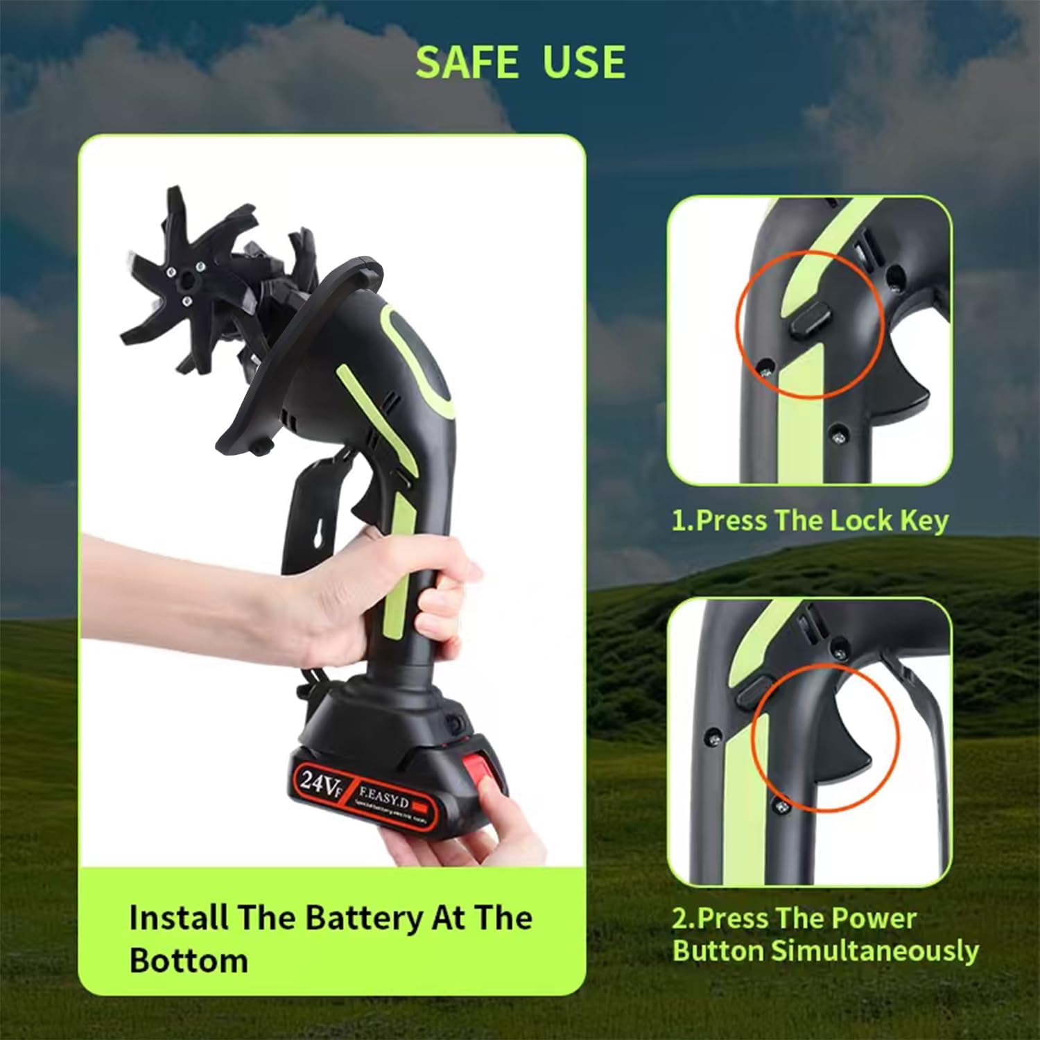 24V 2-in-1 Cordless Tiller Cultivator, 4-Inch Tilling Width and Depth, Handheld with Extension Rod, 235 RPM Electric