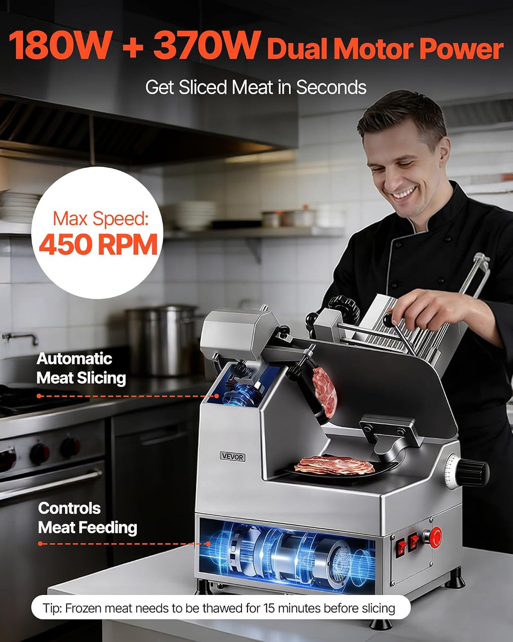 Fully Automatic Meat Slicer, 180W + 370W Commercial Food-Slicer with 10" Carbon Steel Blade, Built-In Sharpener &