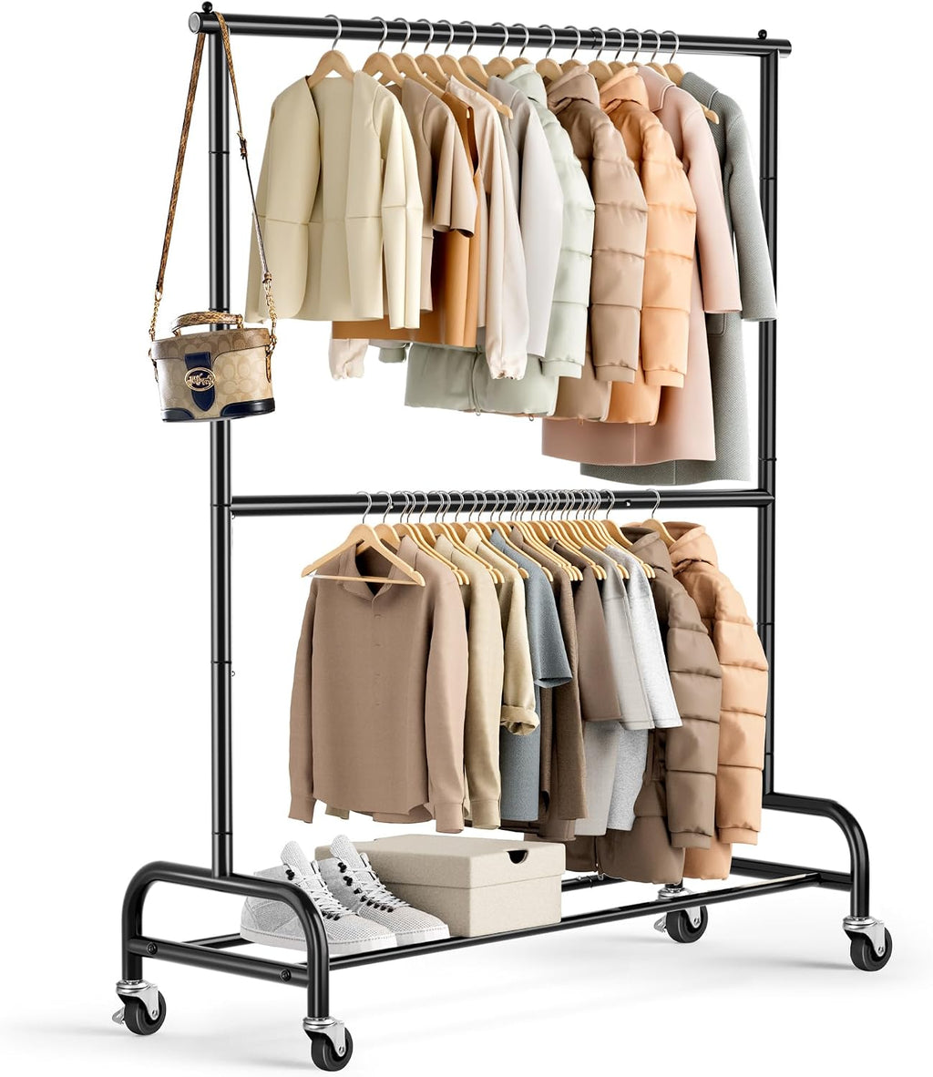 Heavy Duty Clothing Racks for Hanging Clothes Rack Double Rod Garment Rack Rolling Closet Wardrobe Rack on Wheels