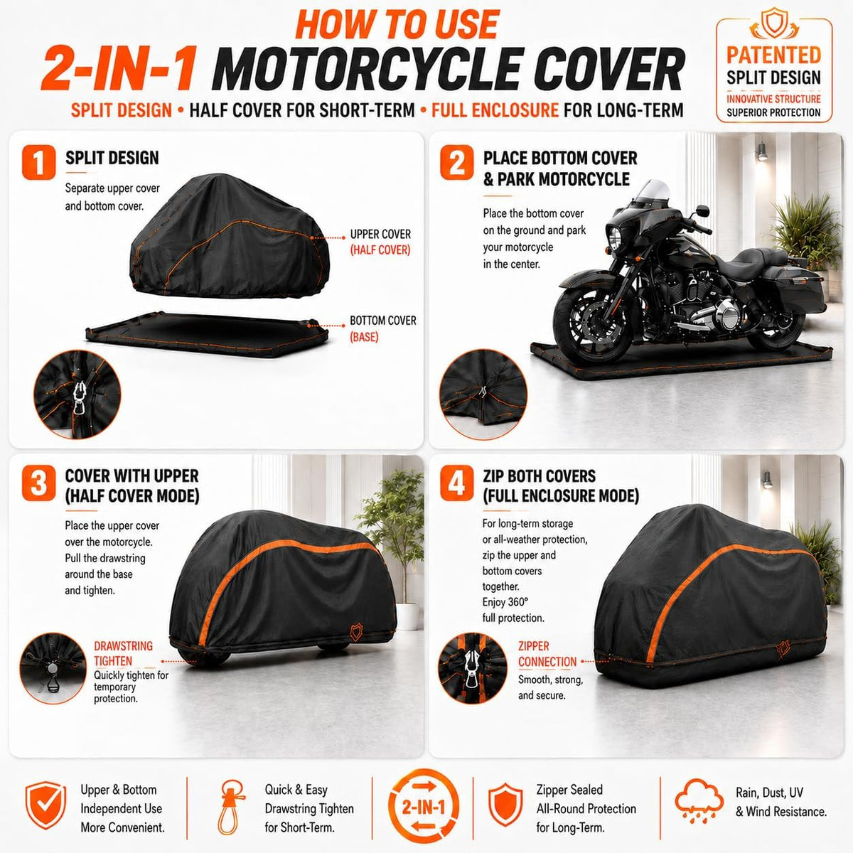 360° Fully Enclosed Motorcycle Cover,All-Season Waterproof Sun-Proof Outdoors Fits Motorcycles,Compatible with Harley