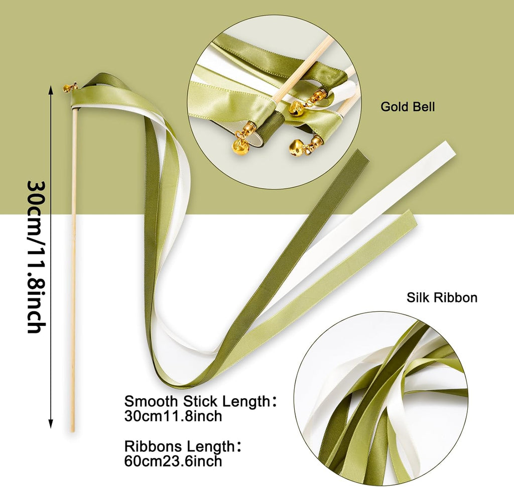 40Pcs Wedding Ribbon Sticks with Bells White Sage Green Streamers Fairy Stick Wands Ribbon Tassel Wands for Baby