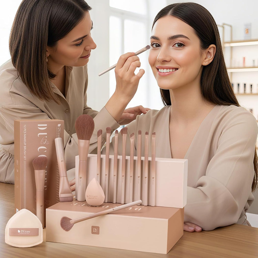 14pcs Makeup Gift Set,12Pcs Coffee Series Makeup Brush set with 2pcs Makeup Sponges Foundation Blending Face Powder