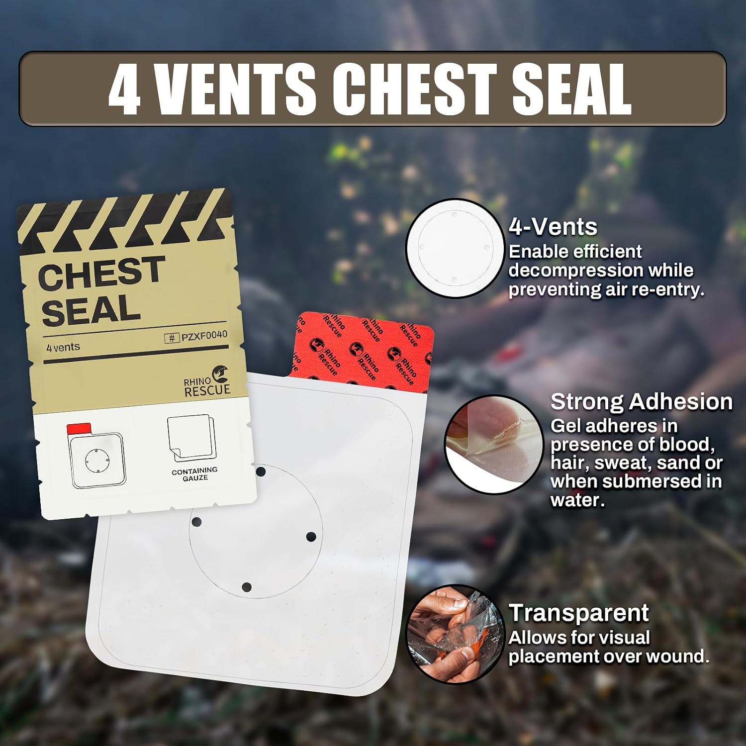 Vented Chest Seal, 4 Vents, Sterile Emergency Trauma Dressing, Occlusive Adhesive Pad, IFAK Trauma Refill Medical