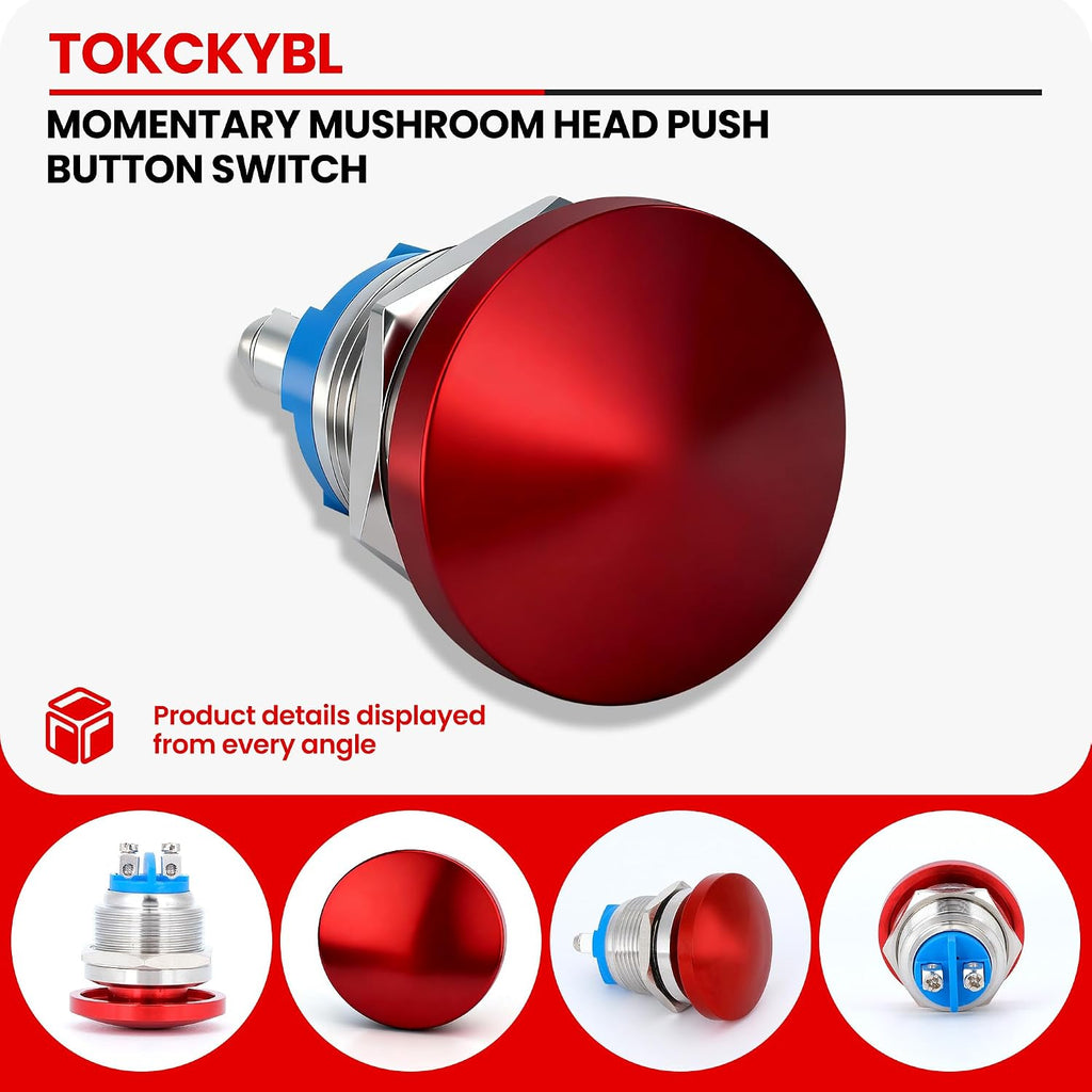 22mm Mushroom Head Momentary Push Button Switch, IP65 Waterproof