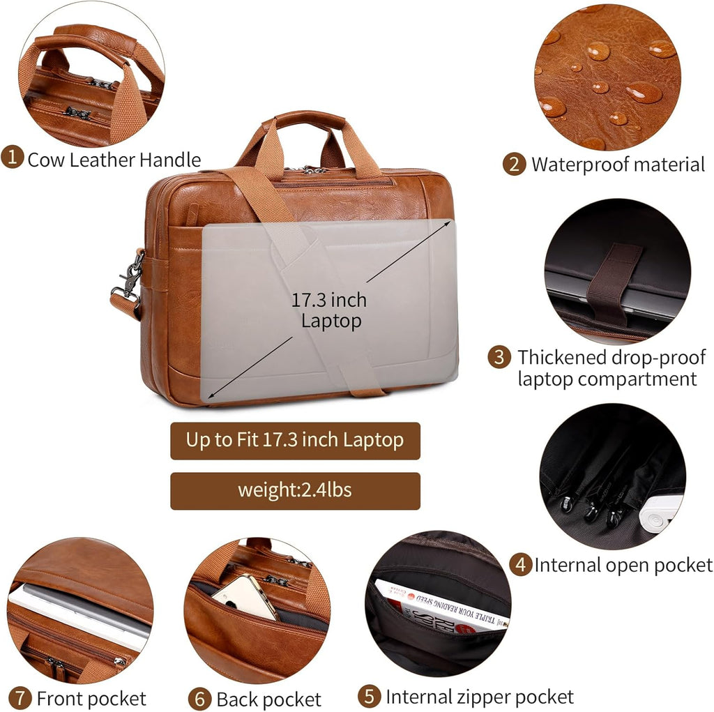 Faux Leather Messenger Bag for Men | 17-17.3 Inch Leather Mens Laptop Bag Leather Briefcasen Convertible Backpack 3