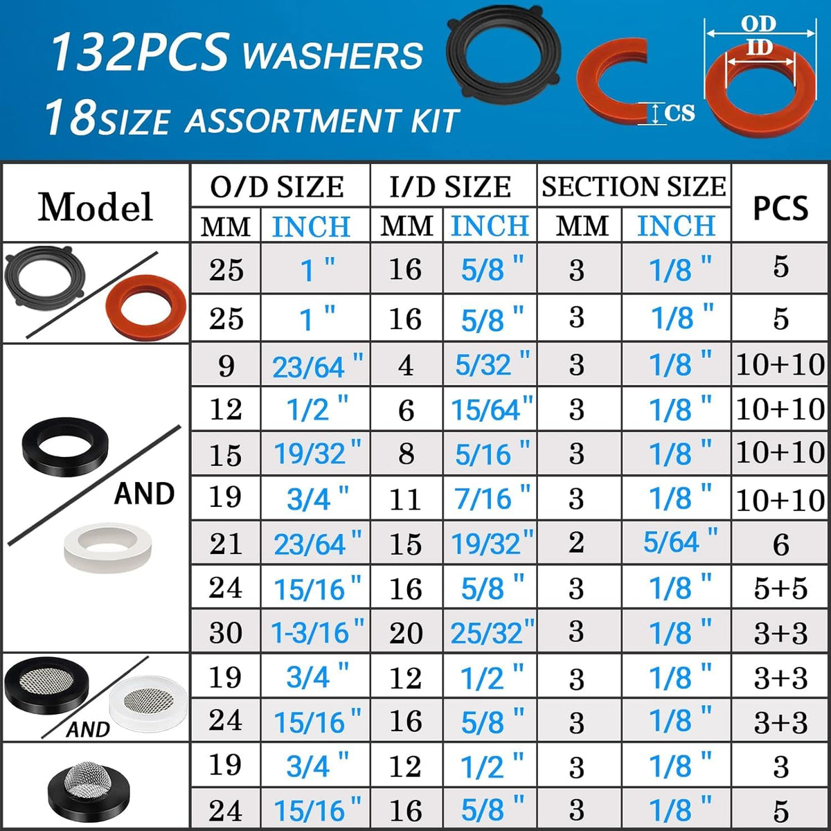 1000 Pcs 18 Size O Ring Kit+18 Size Rubber Washers Assortment Kit