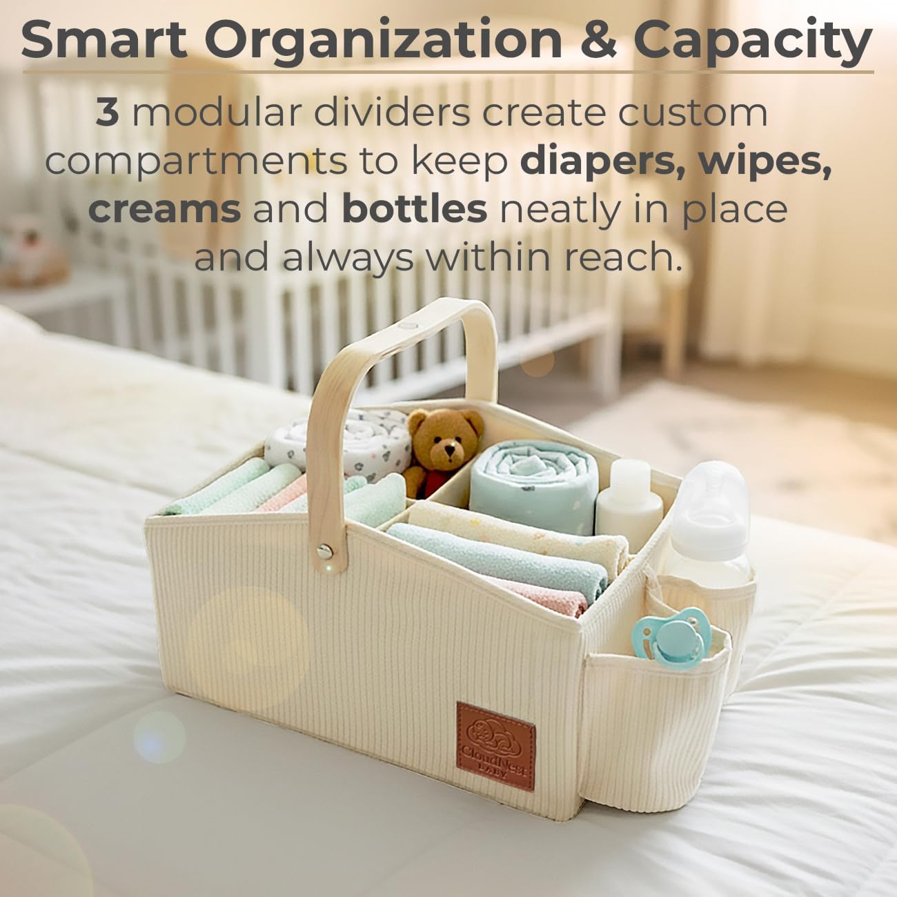 Diaper Caddy Organizer With Portable Changing Mat, LED Night Light, Wooden Handle & Shoulder Strap - Stylish Nursery
