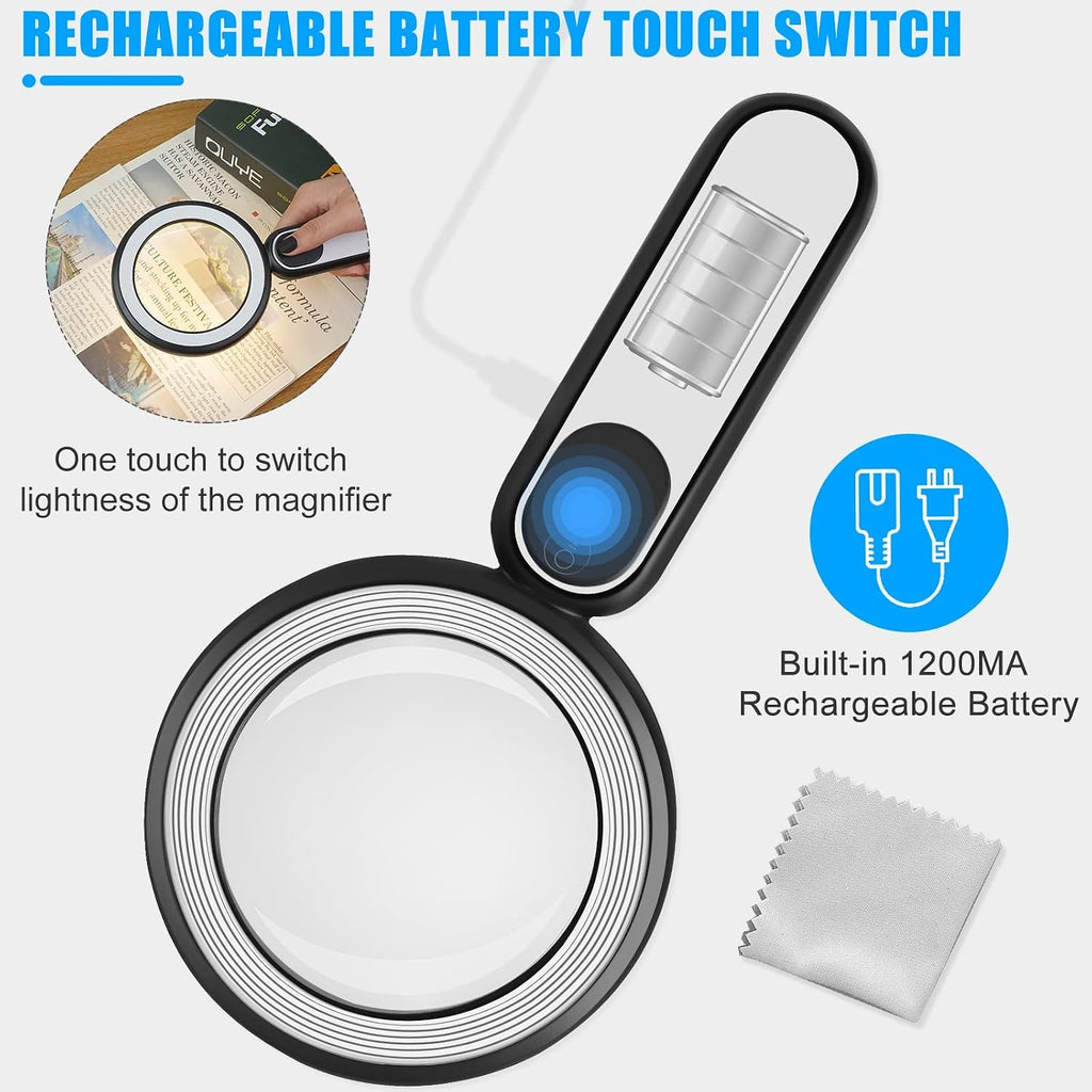 Rechargeable Magnifying Glass with Light, 30X 4.7IN Handheld Large Lightweight Lighted Magnify Len 21 LED 3 Modes