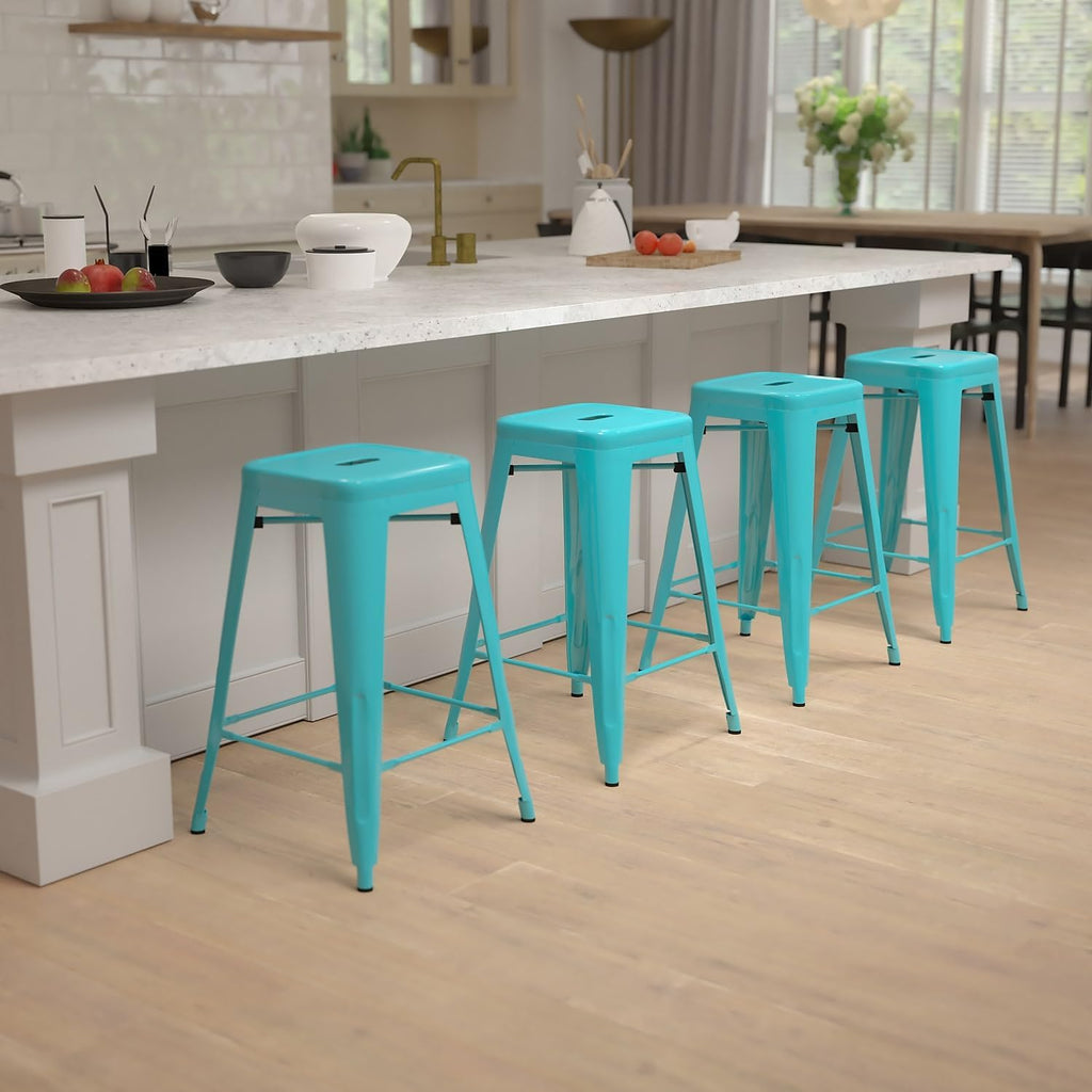24 in Metal Stackable Counter Stool, Teal, 4-Pack