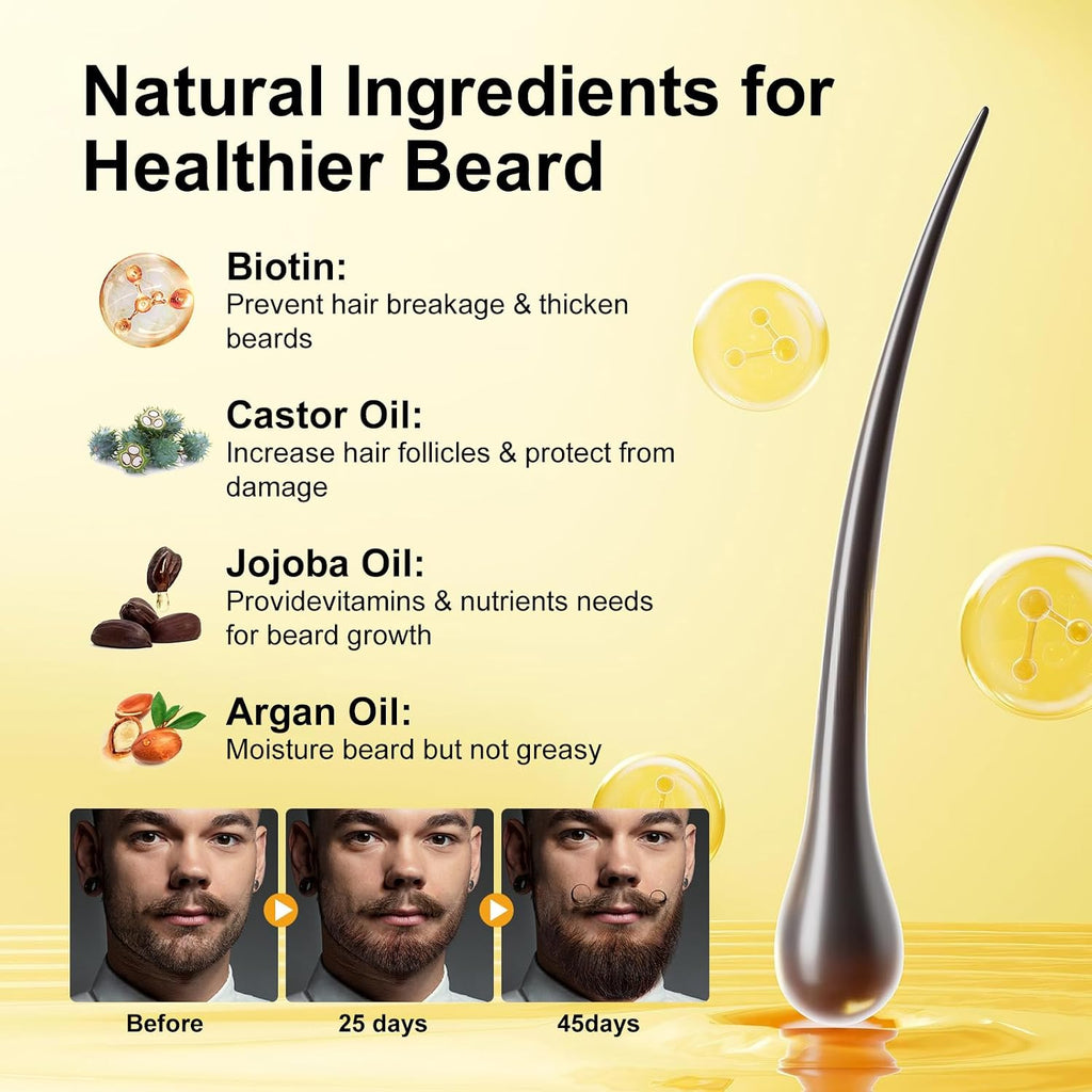 Beard Growth Kit, Beard Growth Oil (2Oz) w/Biotin & Castor Oil, Beard Massager for Patchy/Spot Beard, Beard Kit for