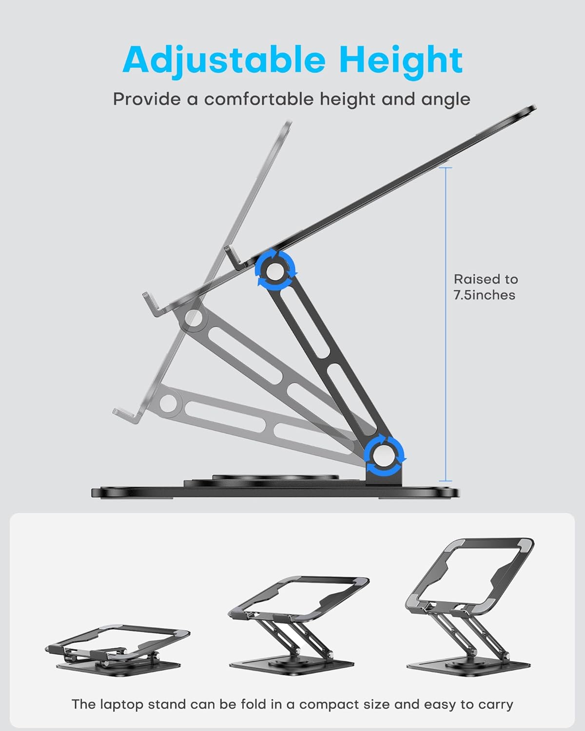 Adjustable Laptop Stand, Computer Stand with 360 Rotating Base, Ergonomic Laptop Riser Mount for Desk Foldable