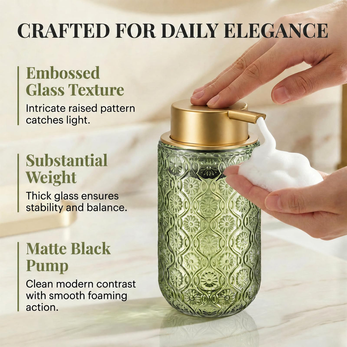 Green and Gold Glass Foaming Hand Soap Dispenser