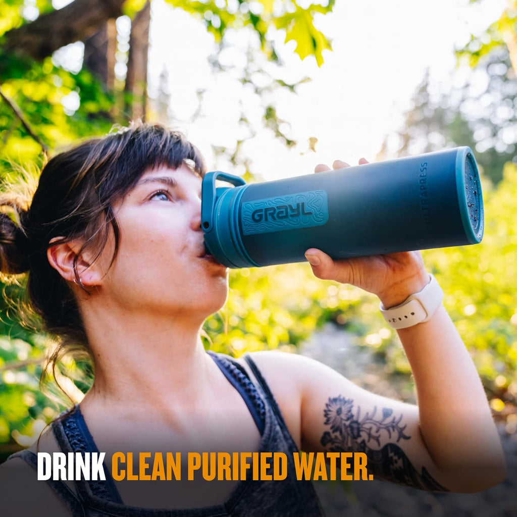 UltraPress Water Purifier & Filter Bottle for Hiking, Backpacking, and Travel (Forest Blue)