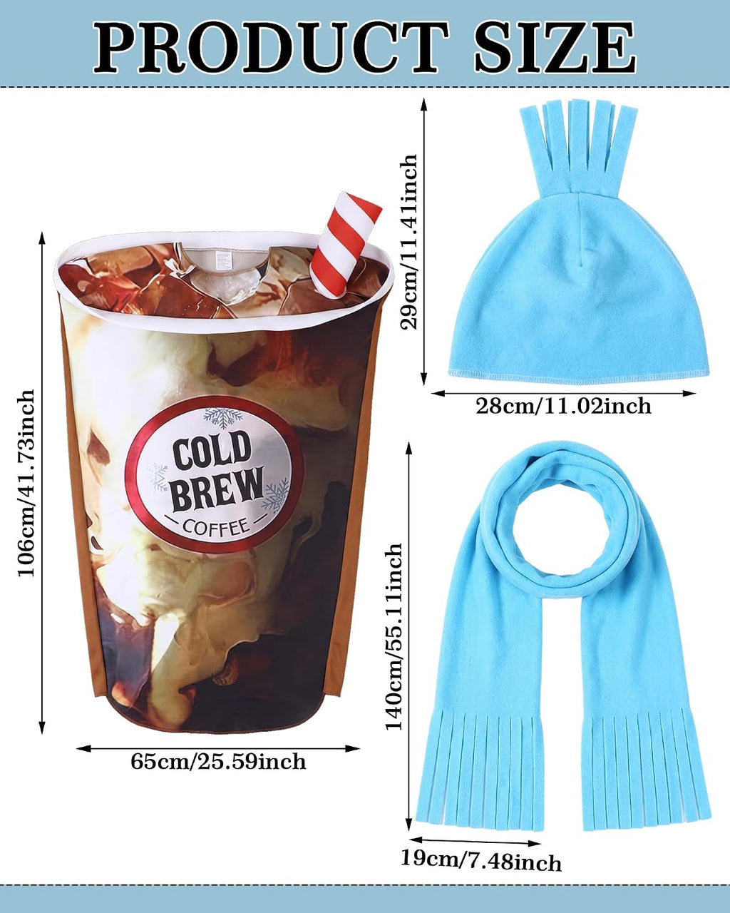 Halloween Cold Brew Coffee Cup Costume with Blue Hat Scarf for Adult | One Size Fits Most, Cold Brew Coffee Cup