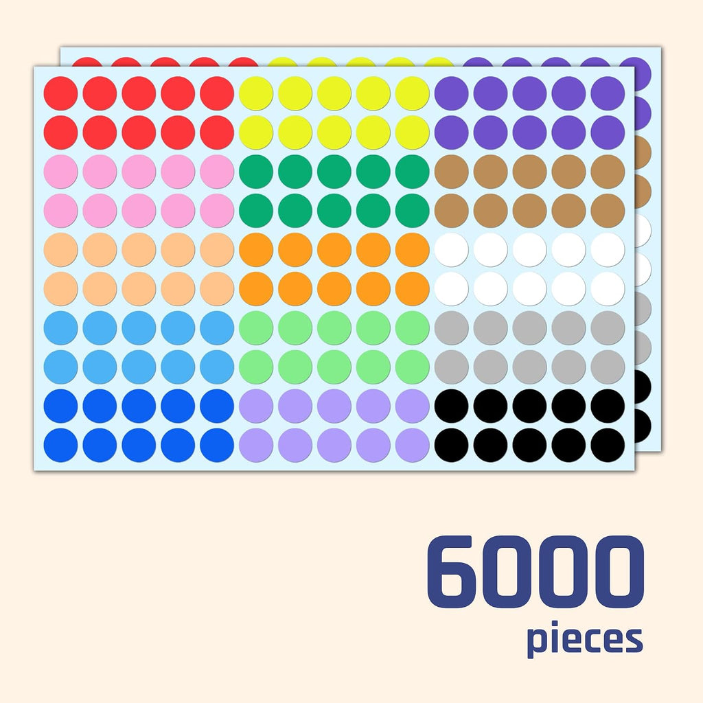 6000 Pieces, 1/2" - Colored Dot Stickers, Round Labels - 15 Colors