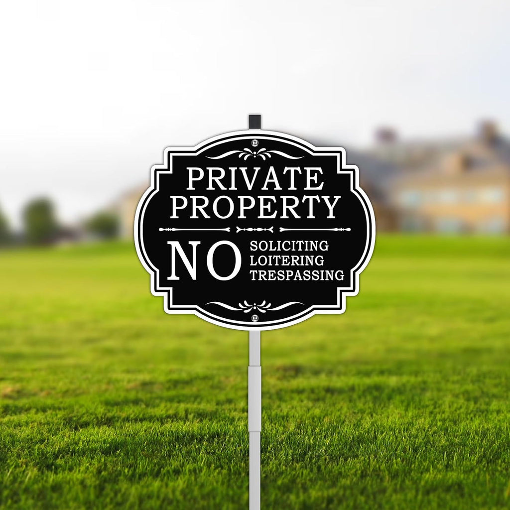 No Soliciting Sign for House with Metal Stake, 12" x 28" Private Property No Trespassing No Loitering Sign for Yard