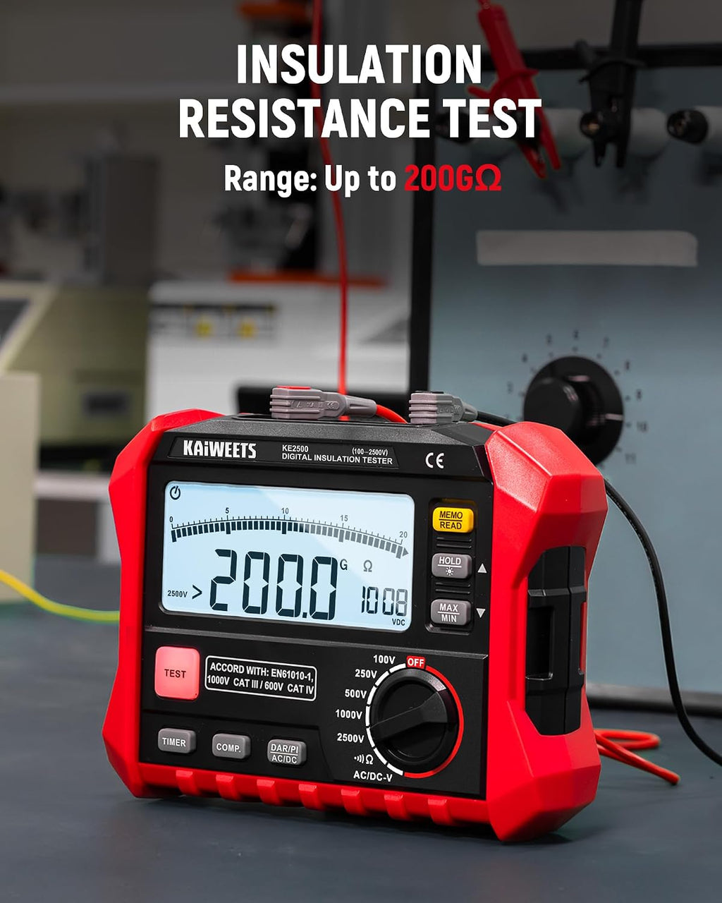 KAIWEETS Megohmmeter Insulation Tester 0.1MΩ-200GΩ 2500V DAR/PI Ohm Meter