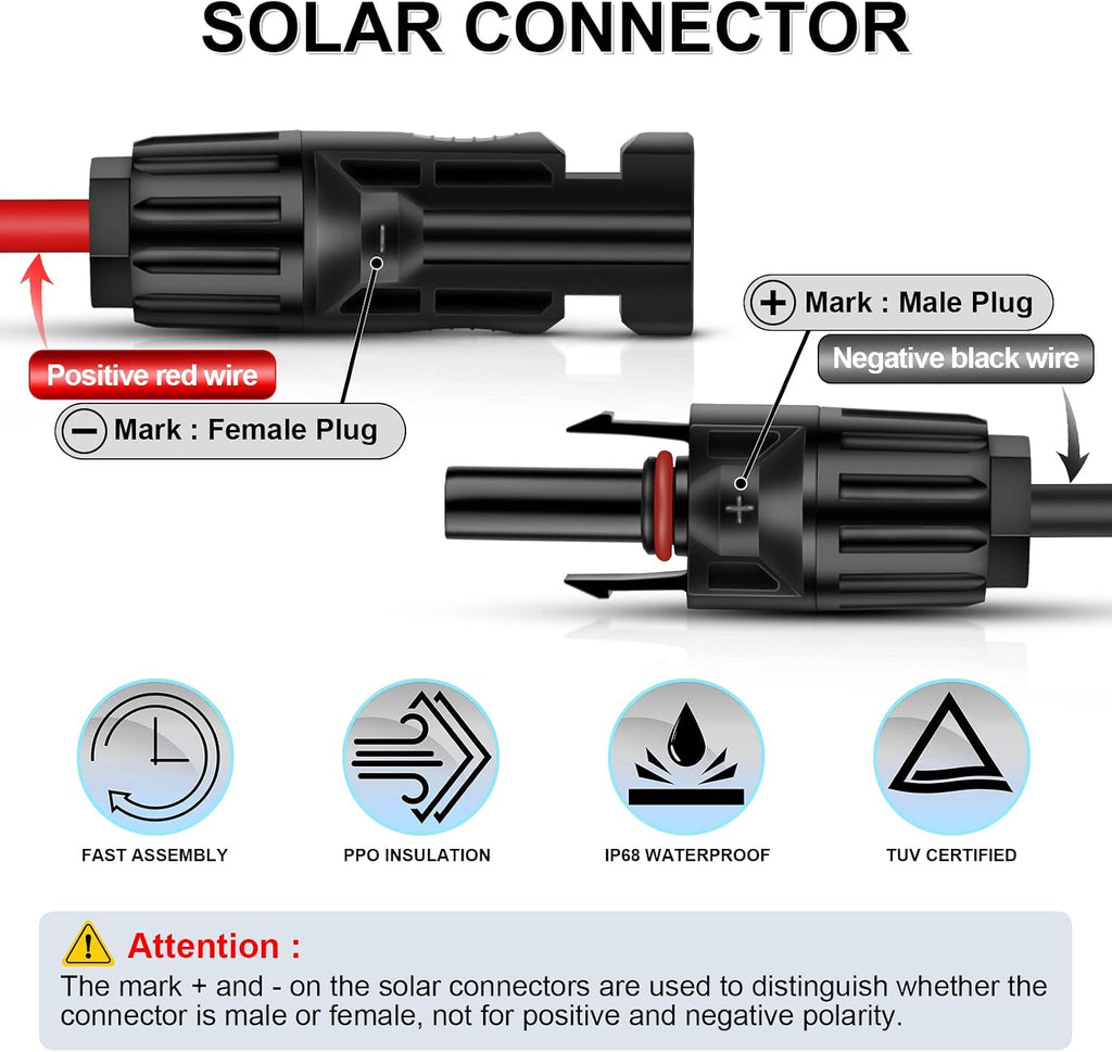 3 Feet 10AWG (6mm²) Solar Extension Cable, 1500V DC PV Wire | Tinned Copper PV Wire, 1500V DC, TUV-Certified, UV