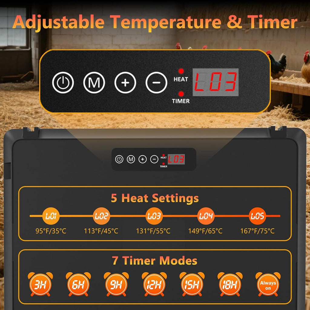 Smart Chick Brooder Heating Plate, Chicken Coop Heater, 75W Brooder Heater with Timer & Adjustable Thermostat