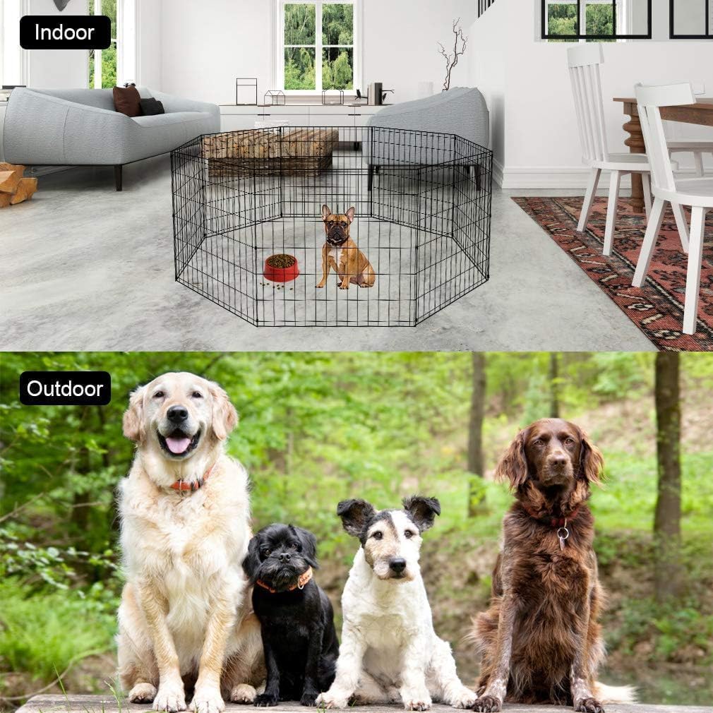 Foldable Dog Playpen | 24 Inch, 8 Panels | Metal Pet Exercise Pen | Indoor Outdoor Portable Dog Fence with Door |