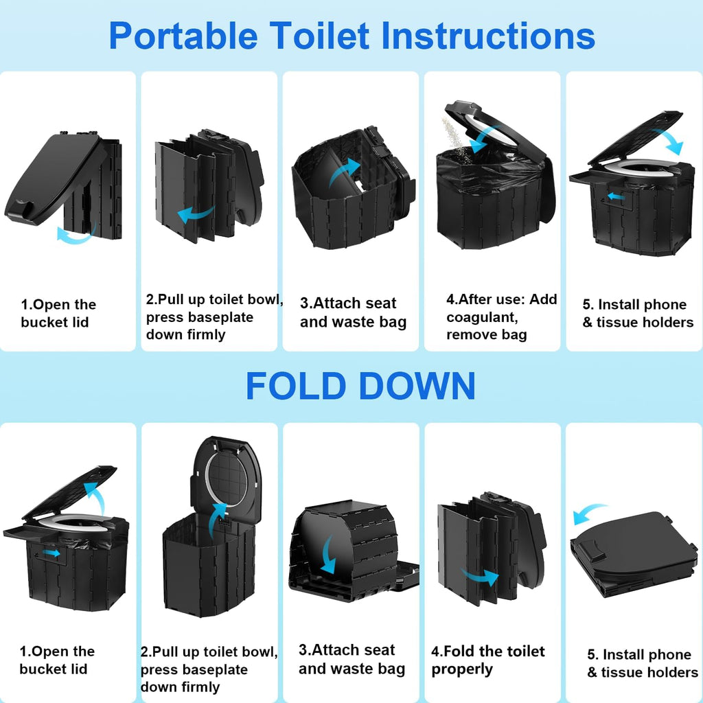 Portable Toilet for Adults, Foldable Camping Toilet Travel Floding Potty with Lid & Paper Holder, Upgrade Water