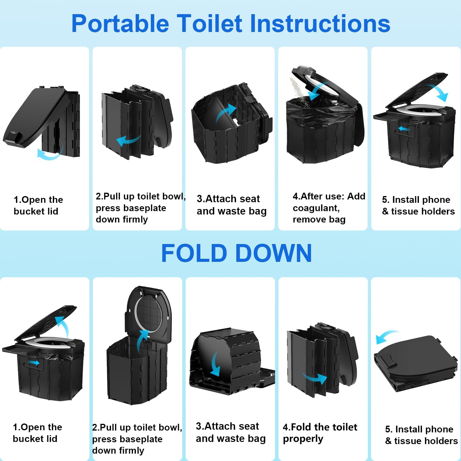 Portable Toilet for Adults, Foldable Camping Toilet Travel Floding Potty with Lid & Paper Holder, Upgrade Water