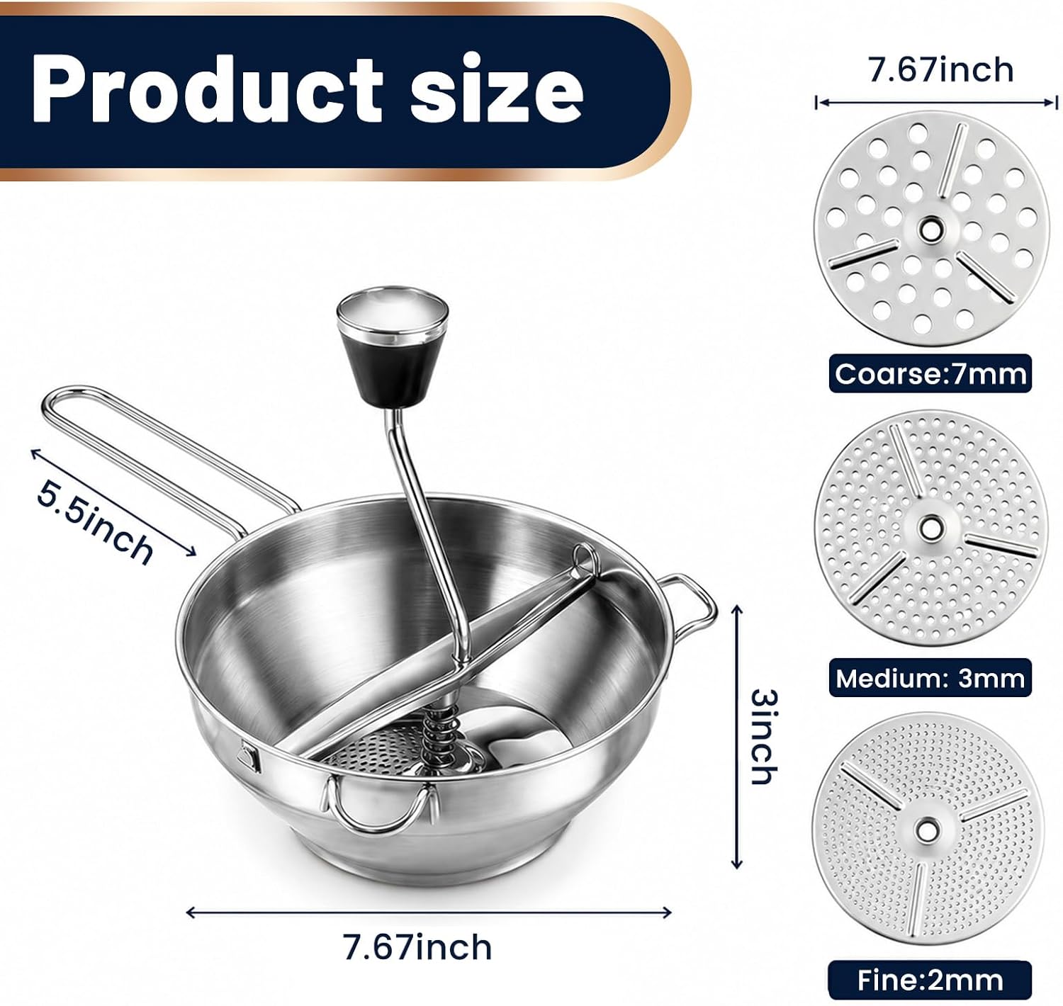 Stainless Steel Food Mill with 3 Interchangeable Discs, Rotary Food Mill for Tomato Sauce, Mashed Potatoes, Baby