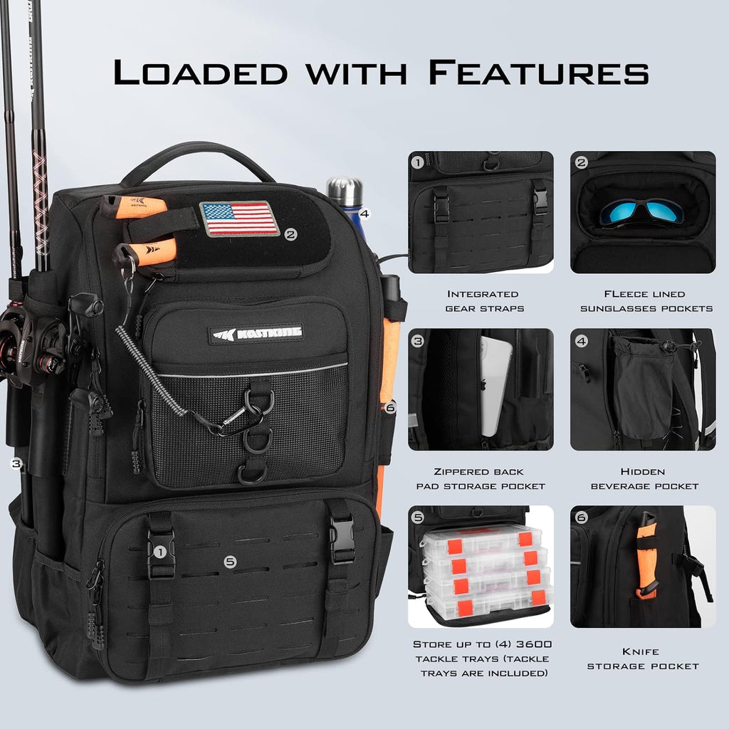 KarryAll Fishing Backpack with Rod Holder 4 Tackle Boxes, 40/26L | Tackle Bag Storage Fishing Gear and Equipment