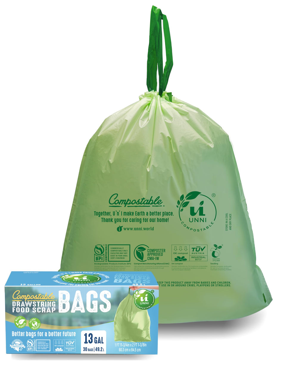 Compostable Drawstring Bags, 13 Gallon, 30 Count, Extra Thick 1 Mil