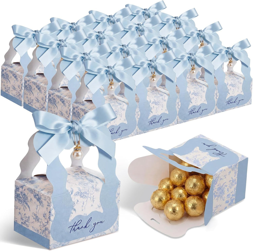 50 Sets Floral Wedding Favor Boxes with Pearl Pendant Bow, Blue