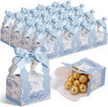 50 Sets Floral Wedding Favor Boxes with Pearl Pendant Bow, Blue