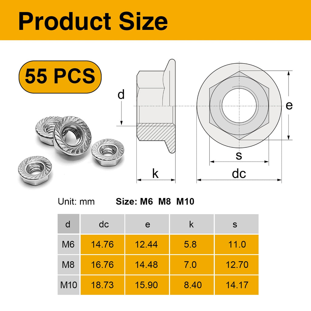 55PCS Serrated Flange Nuts Assortment, M6 M8 M10, 304 Stainless