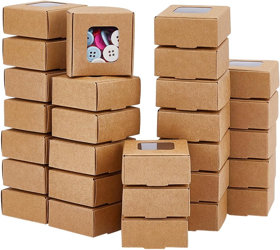 60 Pack Square Clear Window Box, Brown Kraft Paper Container Party Favor Packaging Boxes, 2x2x1inch Foldable Design