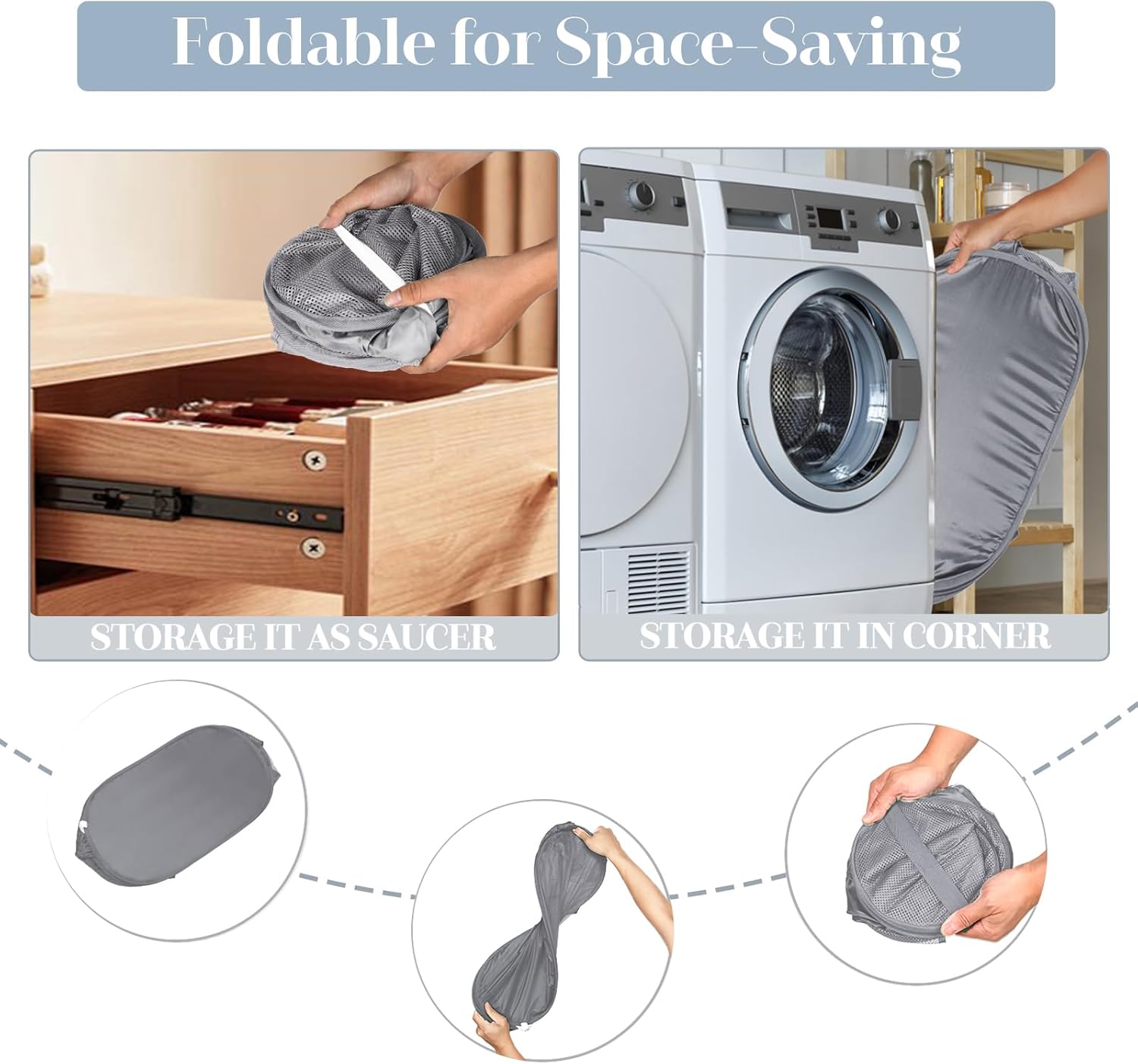 Durable Collapsible Laundry Baskets, Mesh Pop Up Laundry Hamper with Side Pocket, Foldable Clothes Storage Hamper