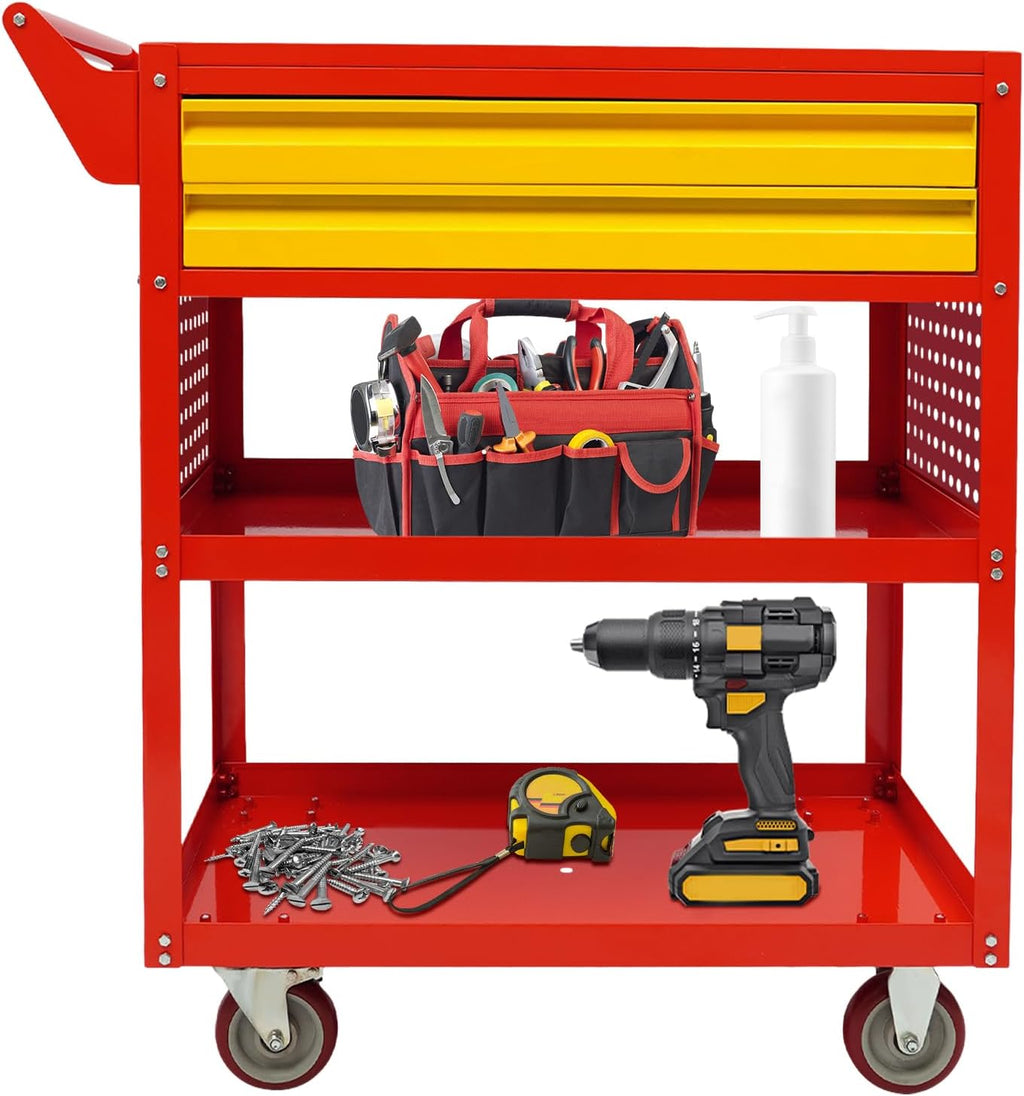 Rolling Tool Cart 400lbs Capacity, 5-Tier Steel Utility Service Cart with 2 Drawers, Heavy Duty Workshop Storage